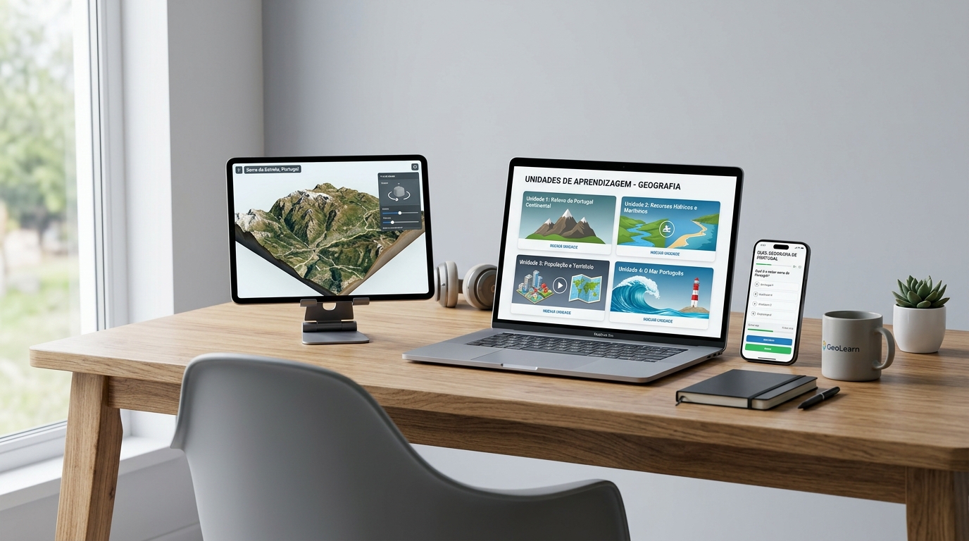 Aluna a estudar Geografia com recursos digitais